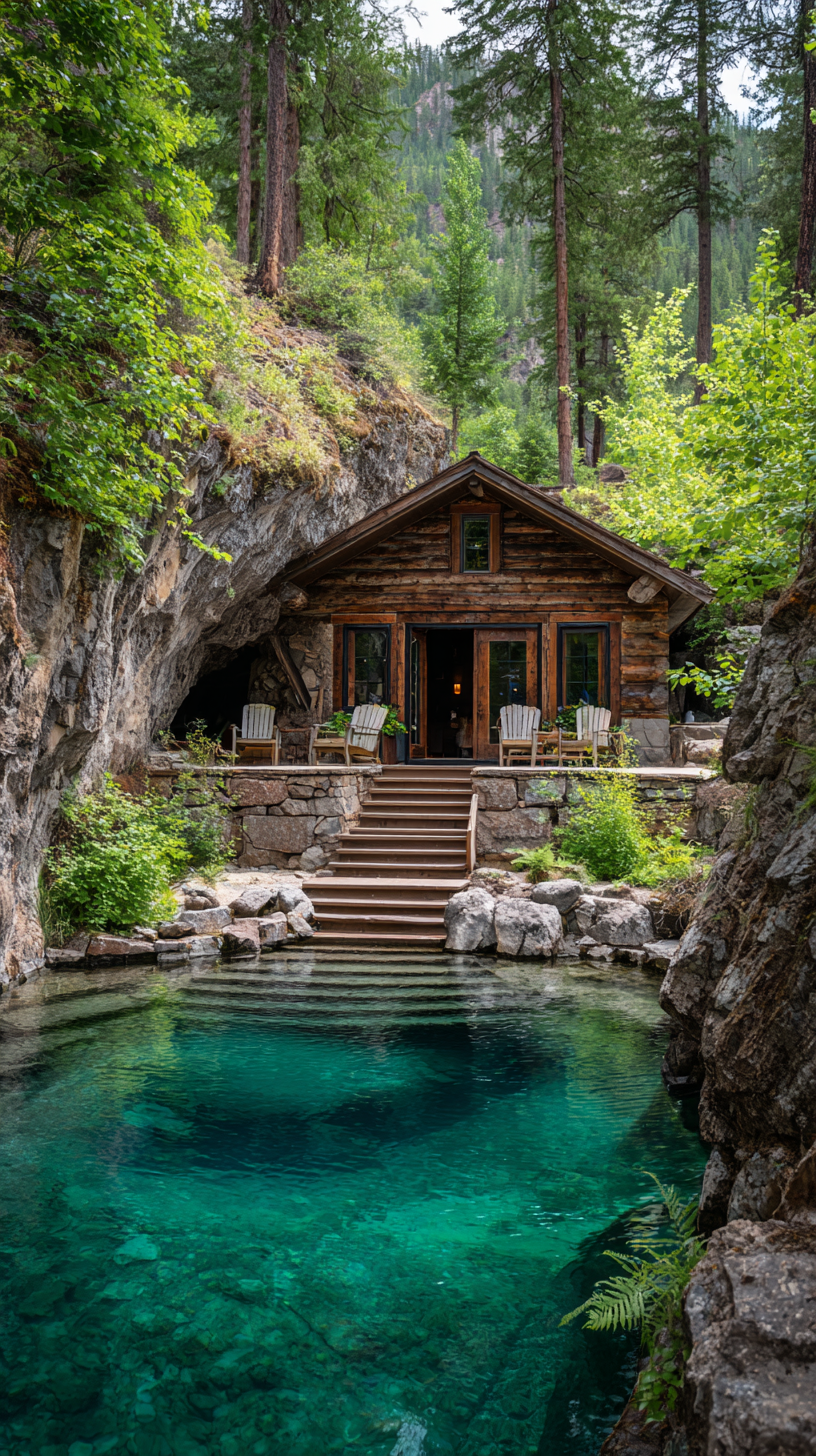 Enchanting Log Cabin by a Turquoise Cave Pool